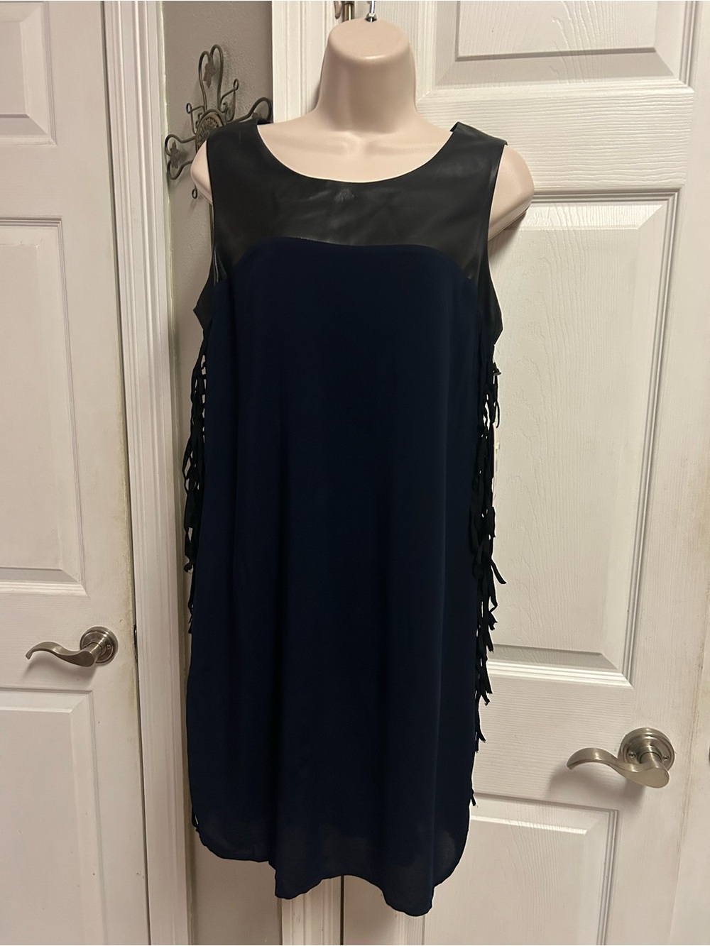 NWT Dex Navy Shift Dress with Black Faux-Leather Yoke and Western Side Fringe